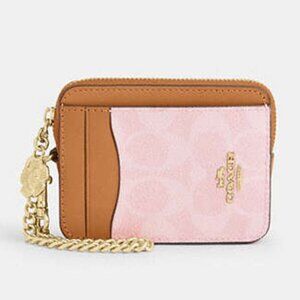 Coach Zip Card Case In Signature Canvas With Charm Powder Pink New